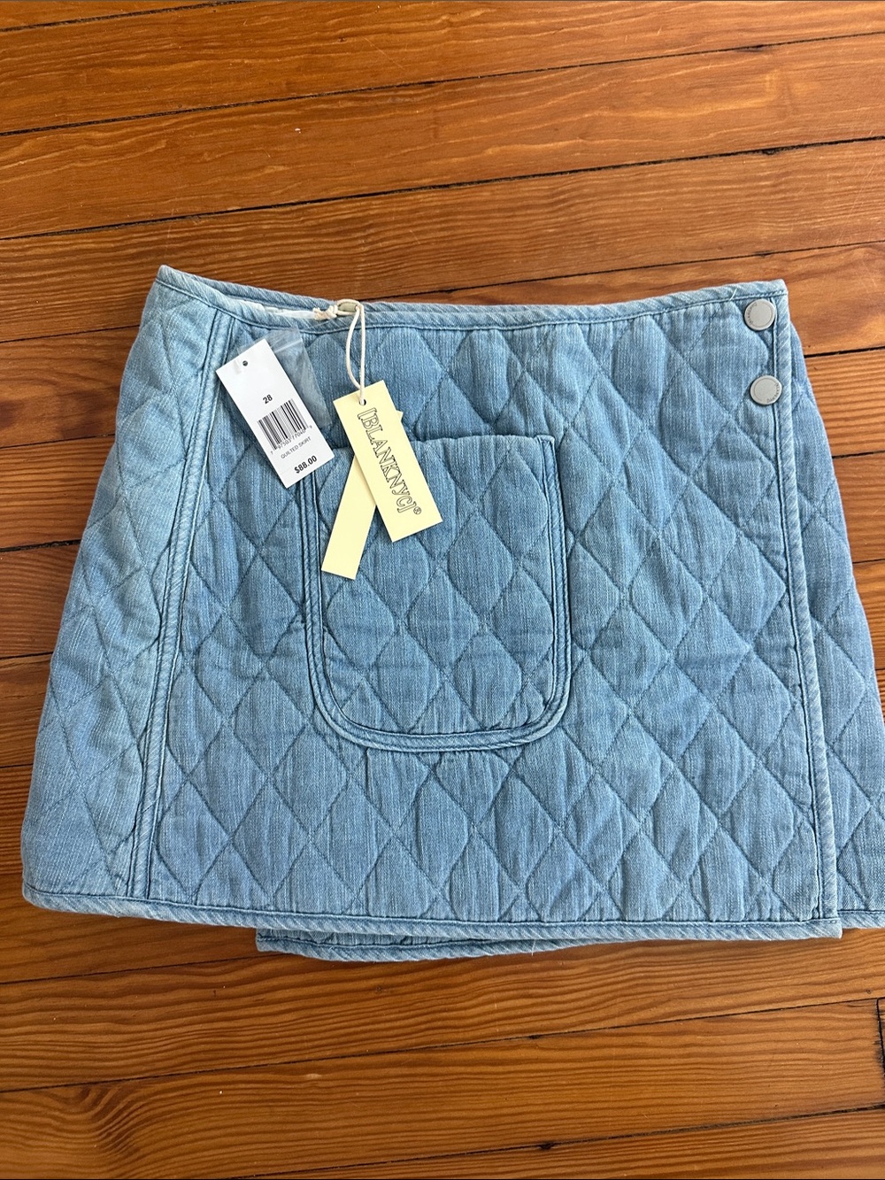 Blank NYC Quilted Light Blue Denim Mini Wrap Skirt